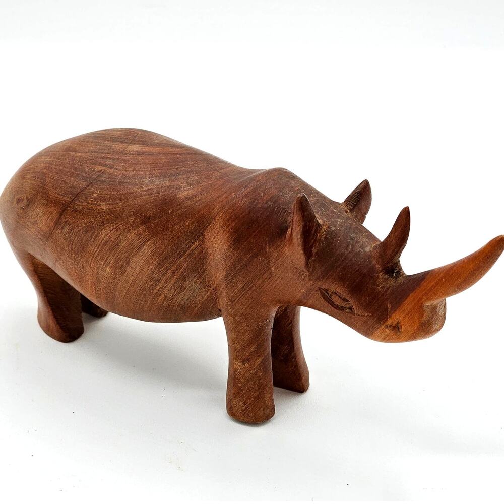 Teak Wood Rhino Figurine African Carved Decor